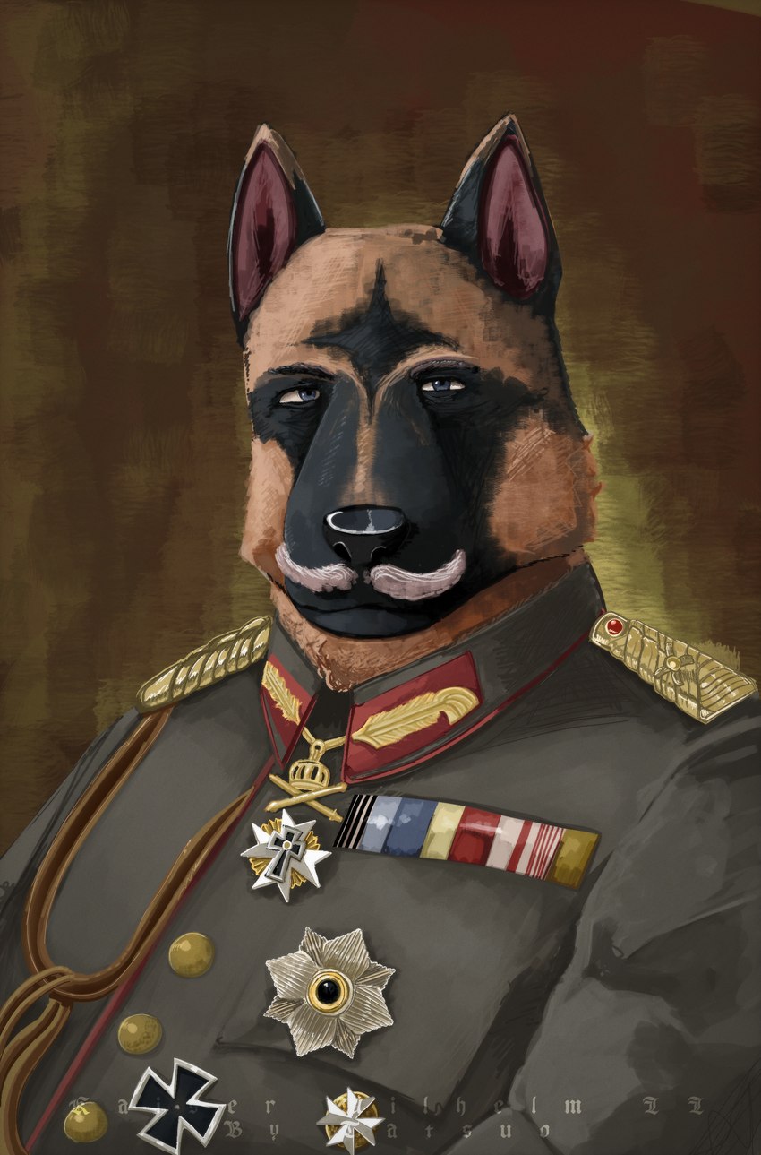 anthro clothing cross emperor german german_empire iron_cross king male pattern_background prussian royalty simple_background solo uniform mitchthegoat canid canine canis domestic_dog german_shepherd herding_dog mammal pastoral_dog absurd_res digital_media_(artwork) digital_painting_(artwork) hi_res