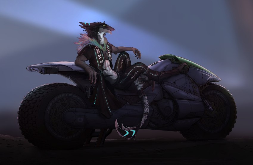 abs claws clothing looking_aside male motorcycle reclining side_view solo tail vehicle dousbrata gwynn_altus_(courierserg) sergal hi_res