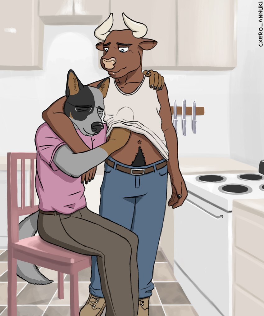 appliance bottomwear brown_body brown_fur chair clothed clothing cupboard denim denim_bottomwear denim_clothing detailed_background duo eyewear fur furniture glasses grey_body grey_fur hand_under_shirt horn hug jeans kitchen love male male/male navel pants pubes romantic romantic_couple sitting smile stove tail cxeroannuki bovid bovine canid canine canis cattle domestic_dog mammal 2019 absurd_res hi_res