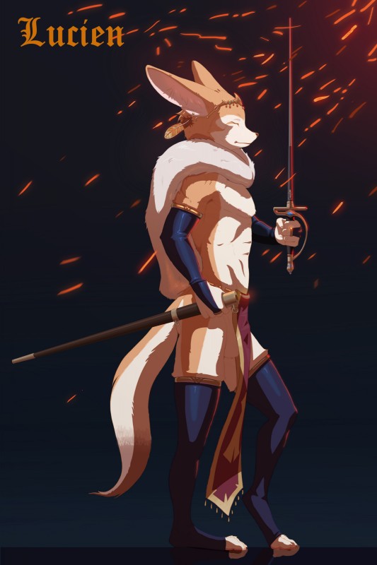 anthro balls bottomwear circlet cloak clothing feathers fencing fur genitals half_naked legwear loincloth male medieval melee_weapon simple_background solo sparkles stockings sword trinkets weapon kzlion lucien_(character) canid canine fennec_fox fox mammal true_fox 2019 2:3 absurd_res hi_res