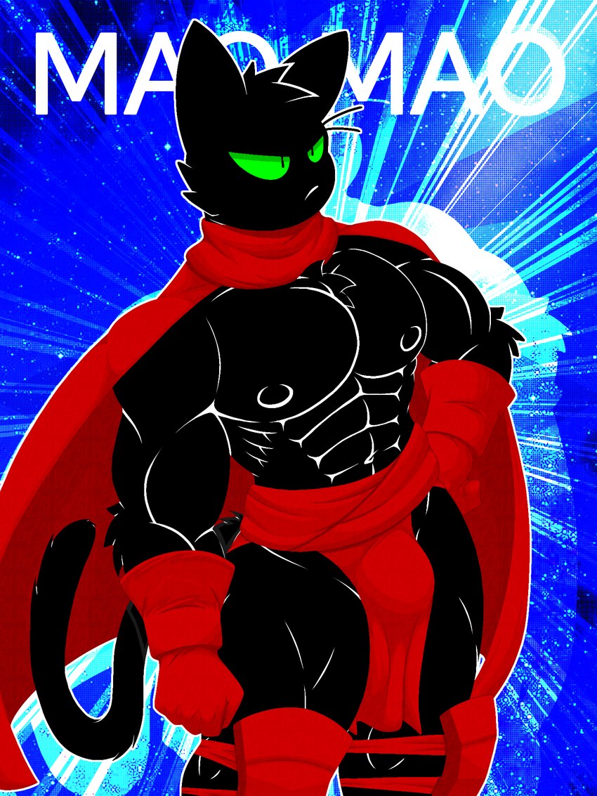 abs black_body black_fur blue_background bottomwear cape clothing detailed_background fur gloves green_eyes handwear knee_pads loincloth male muscular nipples pecs red_bottomwear red_cape red_clothing red_gloves red_handwear red_loincloth simple_background solo tail text not_bgz31 cartoon_network mao_mao:_heroes_of_pure_heart sheriff_mao_mao_mao domestic_cat felid feline felis mammal 3:4 hi_res