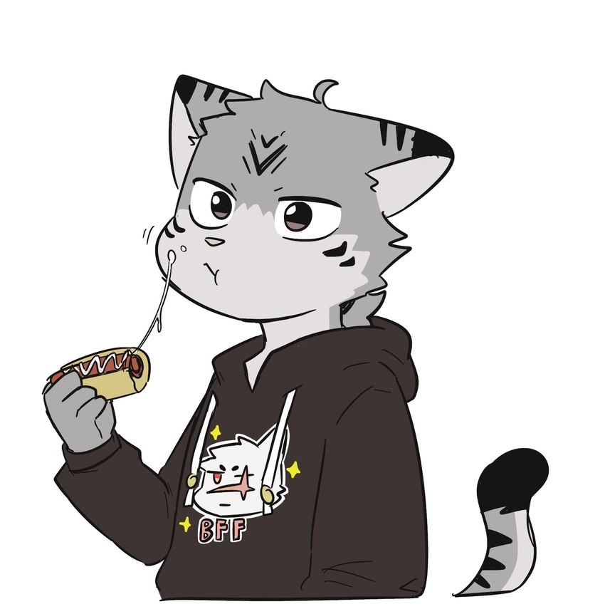 :t anthro black_clothing black_hoodie black_topwear clothed clothing eating food food_fetish fur grey_body grey_fur holding_hot_dog hoodie hot_dog male mayonnaise motion_lines print_clothing print_hoodie print_topwear simple_background solo suggestive suggestive_food sweatshirt text text_on_clothing text_on_hoodie text_on_topwear topwear white_background northwoooof toby_(northwoooof) domestic_cat felid feline felis mammal english_text half-length_portrait hi_res portrait