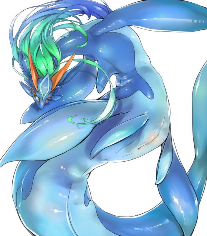 ambiguous_gender animal_genitalia blue_hair blue_sclera blush cloaca female feral genitals green_hair hair horn long_hair simple_background solo tail vertical_cloaca white_background yellow_eyes yoona mythology cetacean dragon mammal marine mythological_creature mythological_scalie scalie 2015