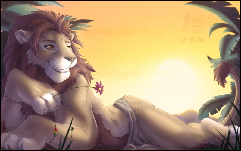 anthro beads biped body_hair bracelet brown_eyes flower fur happy_trail jewelry limp_wrist lying male on_front plant pose romantic romantic_ambiance smile solo sunset teeth zenthetiger felid lion mammal pantherine 16:10 2010 widescreen