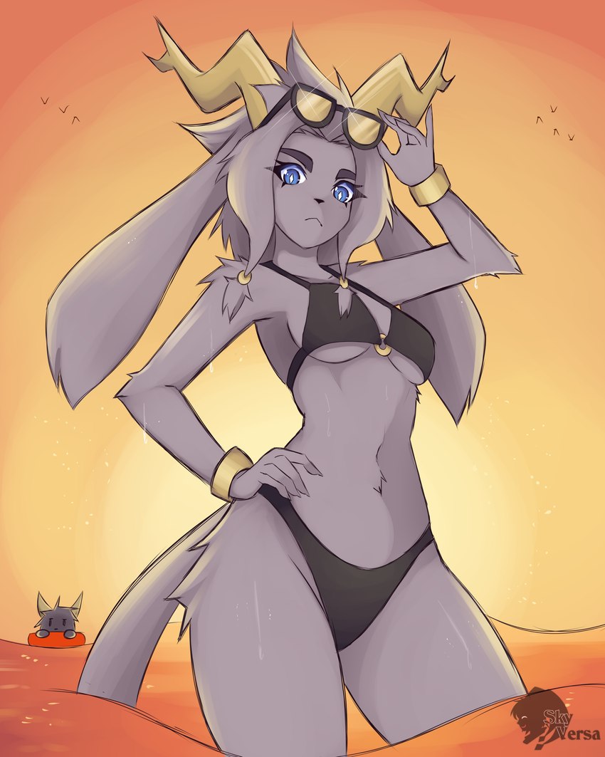 5_fingers anthro bikini black_bikini black_bikini_bottom black_bikini_top black_clothing black_swimwear blue_eyes breasts clothing eyebrows eyelashes female fingers fur grey_body grey_ears grey_fur grey_hair grey_tail hair horn looking_at_viewer monotone_bikini monotone_bikini_bottom monotone_clothing monotone_swimwear pupils solo_focus standing swimwear tail three-quarter_view two-piece_swimsuit under_boob white_pupils yellow_horn skyversa pseudoregalia sybil_(pseudoregalia) 2024 4:5 absurd_res digital_media_(artwork) hi_res portrait three-quarter_portrait