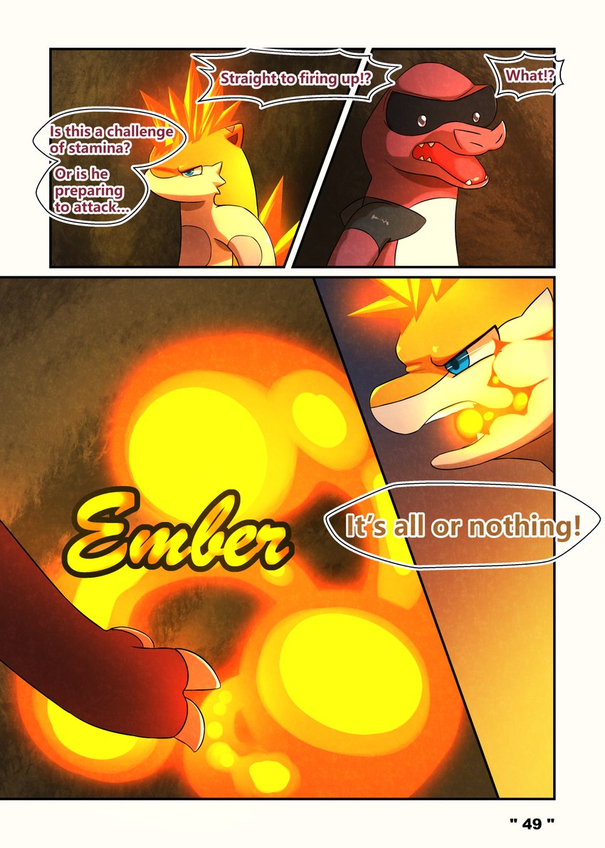 dialogue fire male speech_bubble text darrow0 nintendo pokemon mo_(darrow) yuel generation_2_pokemon generation_5_pokemon krookodile pokemon_(species) quilava comic english_text hi_res