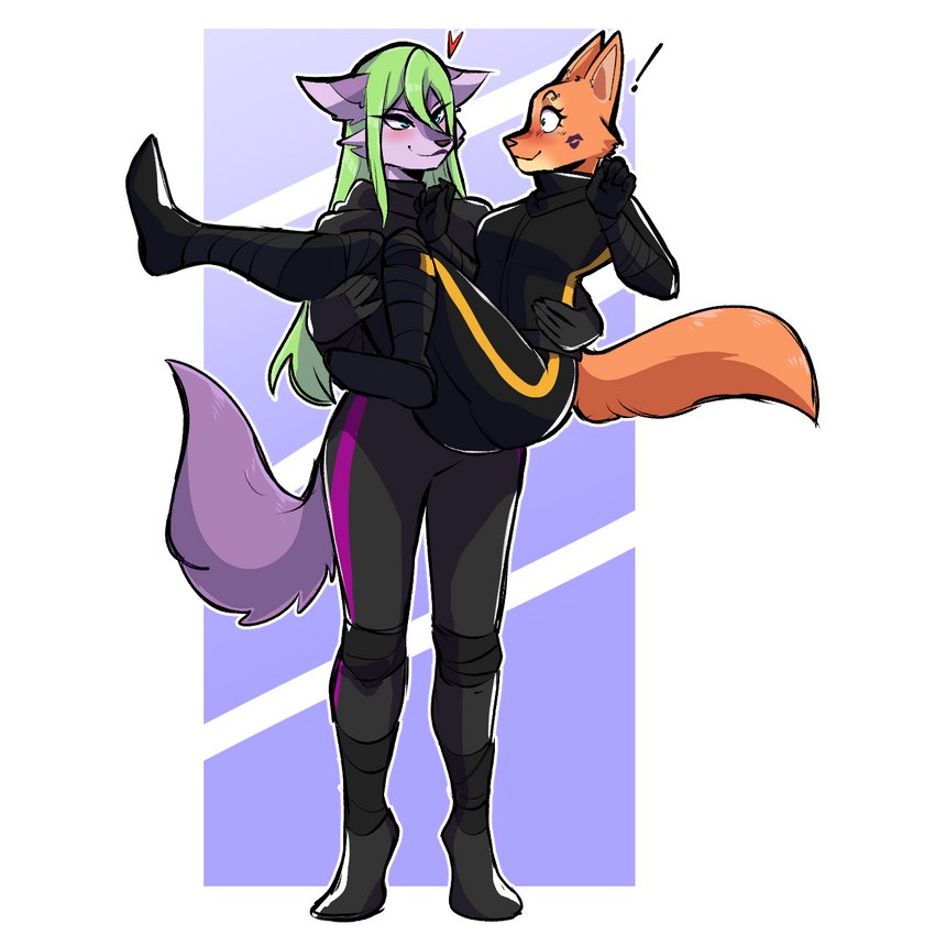 anthro blue_eyes bridal_carry carrying_another clothing duo female female/female fur green_eyes green_hair hair kiss_mark orange_body orange_fur purple_body purple_fur tight_clothing bluueygooey dreamworks the_bad_guys diane_foxington lecia canid canine cougar felid feline fox mammal pantherine 1:1 hi_res