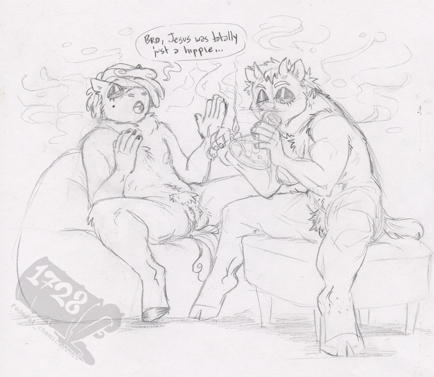 2_horns anthro anthrofied bean_bag bong breasts casual_nudity curled_mane dialogue drugs duo eyebrows eyelashes female female_anthro fingernails fur genitals half-closed_eyes holding_bong holding_lighter holding_object hooves horn humanoid_hands lighter male male_anthro marijuana muscular muscular_female nails narrowed_eyes nipples nullo open_mouth penectomy_scar pubes pussy scar simple_background sitting smoke smoking smoking_bong smoking_marijuana snout social_nudity speech_bubble stoned substance_intoxication tail text unguligrade white_background ed_mortis fluffy_pony bongwater_(ed_mortis) lilith_(arisenleaf) fluffy_pony_(species) mammal 2023 english_text graphite_(artwork) greyscale handwritten_text monochrome sketch traditional_media_(artwork) unavailable_at_source watermark nonbinary_(lore)