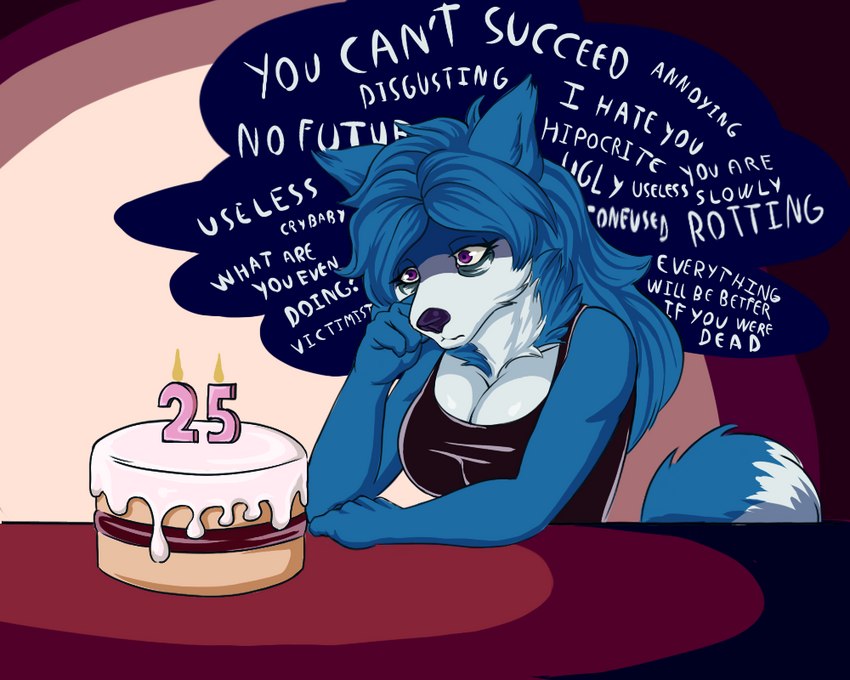 anthro big_breasts birthday birthday_cake blue_body blue_fur breasts cake depressing depression dessert eye_bags female food fur intrusive_thoughts sad solo text white_body white_fur worried worried_face worried_look moko_(artist) mood avi_(moko) canid canine canis mammal wolf 5:4 english_text