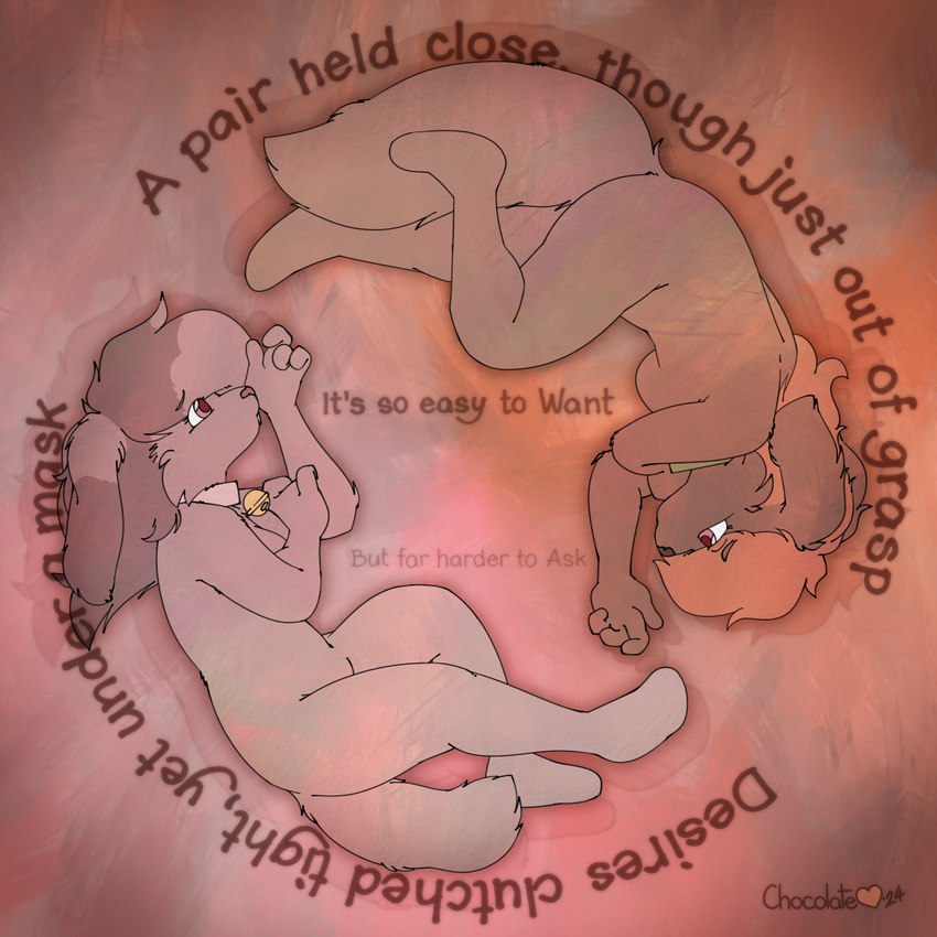 adolescent anthro bell brown_body collar female fluffy fluffy_tail fur hair male multicolored_body multicolored_fur nude nude_anthro nude_female nude_male orange_hair personal_art poem poetry sad self_reflection simple_background stylized tail tan_body text two_tone_body two_tone_fur young young_anthro young_female young_male chocolatekitsune canid canine canis domestic_dog hybrid lagomorph leporid mammal rabbit 1:1 colored english_text