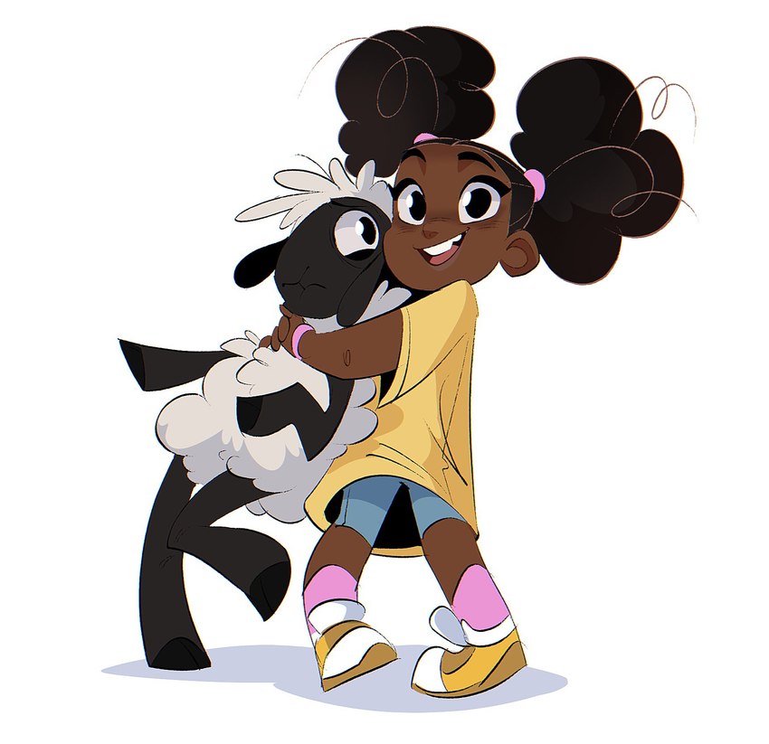 afro_puffs anthro black_body black_eyes bottomwear clothed_female clothing dark_hair duo female floppy_ears footwear fur hair hooved_hands hooves hug hugging_another long_shirt looking_at_another looking_at_viewer male male/female nervous puffy_hair shirt shoes shorts simple_background smile topwear white_background white_body white_fur white_hair white_wool wool_(fur) wristband krossan_(artist) amanda_the_adventurer amanda_(amanda_the_adventurer) wooly_(amanda_the_adventurer) bovid caprine human mammal sheep hi_res