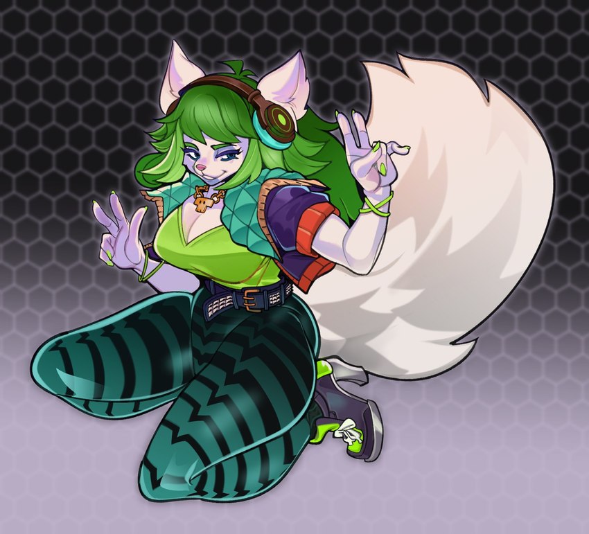 anthro belt big_breasts big_butt bottomwear breasts bubble_butt butt cleavage clothed clothing colored_nails double_v_sign electronics female fluffy fluffy_tail footwear fur gesture gradient_background green_clothing green_hair grey_background hair hand_gesture headphones hexagon hexagon_background high-angle_view high_heels jewelry kneeling nails necklace pants pattern_background shirt shoes simple_background skull_accessory skull_necklace smile solo tail tank_top thick_thighs tight_bottomwear tight_clothing topwear v_sign vest white_body white_fur submarine_screw hi-rez_studios paladins_(game) salt_(paladins) canid canine fox mammal vulpin hi_res