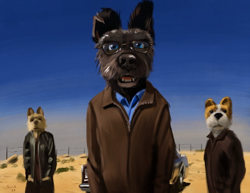 anthro black_nose blue_eyes car clothed clothing cosplay crossover_cosplay detailed_background eyewear fangs fully_clothed glasses group open_mouth sky standing style_emulation teeth vehicle swish breaking_bad isle_of_dogs boss_(isle_of_dogs) chief_(isle_of_dogs) rex_(isle_of_dogs) canid canine canis domestic_dog mammal 2018 crossover digital_media_(artwork) digital_painting_(artwork) shaded