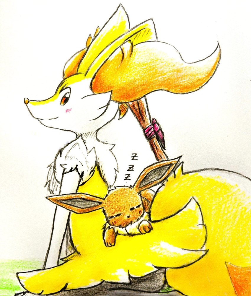 ambiguous_gender anthro blush blush_lines brown_body brown_fur duo eyes_closed feral fur inner_ear_fluff looking_back orange_body orange_eyes orange_fur paws sleeping sleeping_on_another smile stick tail tuft white_body white_fur yellow_body yellow_fur eiroru nintendo pokemon braixen canid canine eevee generation_1_pokemon generation_6_pokemon mammal pokemon_(species) 2024 graphite_(artwork) hi_res traditional_media_(artwork)