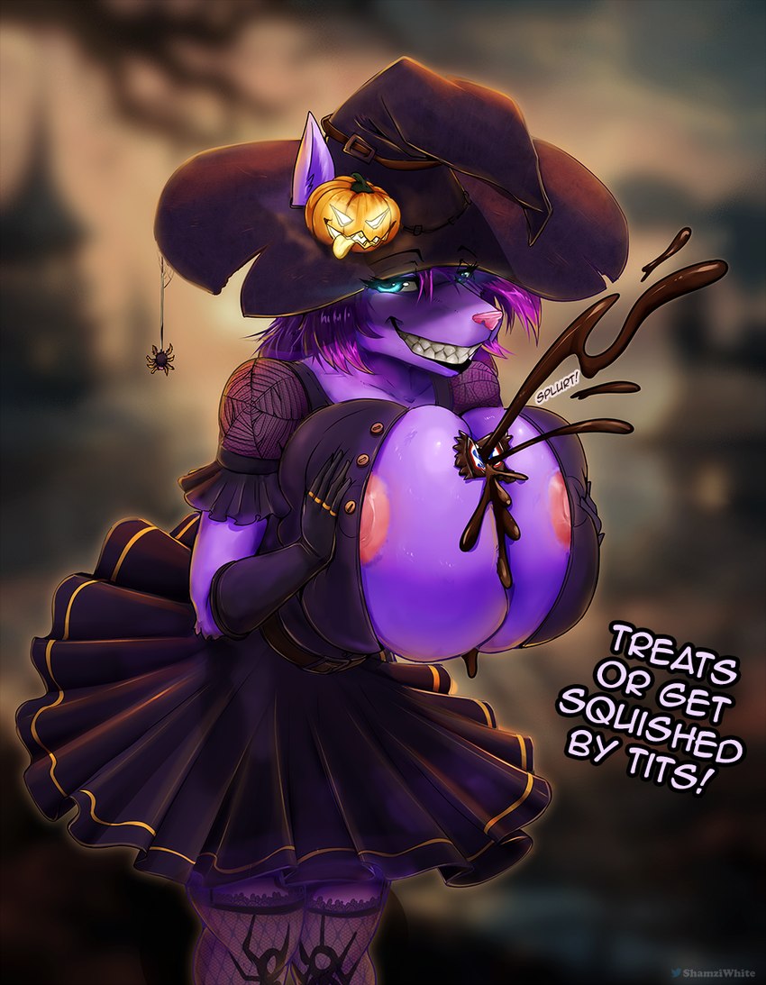 anthro armwear big_breasts breast_squish breasts cleavage clothed clothing elbow_gloves female gloves grin handwear hat headgear headwear holidays jack-o'-lantern legwear looking_at_viewer magic_user nipple_slip smile squish stockings witch witch_hat witch_outfit shamziwhite halloween canid canine fox mammal hi_res