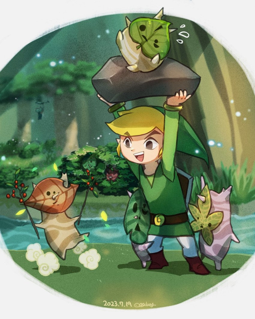 blonde_hair clothing footwear grass group hair humanoid_pointy_ears light_body light_skin male open_mouth open_smile plant pointy_ears rock shoes smile tree water blikeeeey nintendo the_legend_of_zelda wind_waker hollo_(tloz) irch_(tloz) makar rown_(tloz) toon_link humanoid hylian korok 2023 hi_res signature