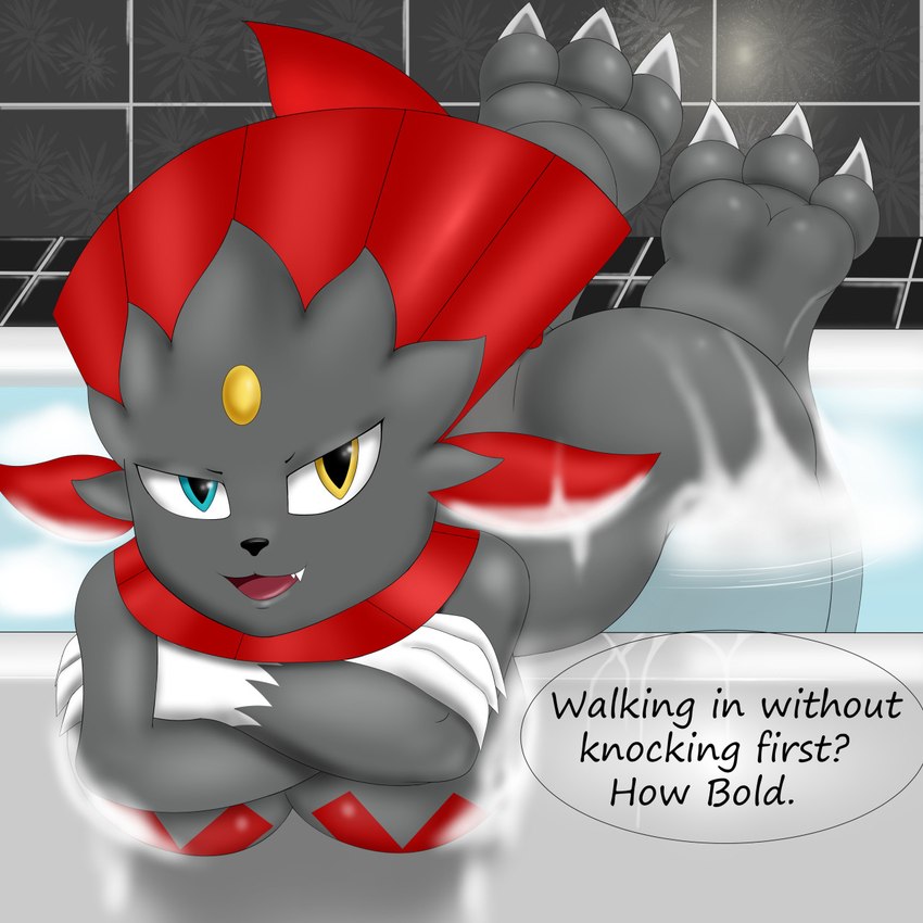 3_toes anthro barefoot bath bathing bathroom bathtub blue_eyes breasts feet female heterochromia multicolored_eyes nails plantigrade soles solo toes water yellow_eyes prismosis nintendo pokemon canopus_(prismosis) generation_4_pokemon pokemon_(species) weavile 1:1 hi_res