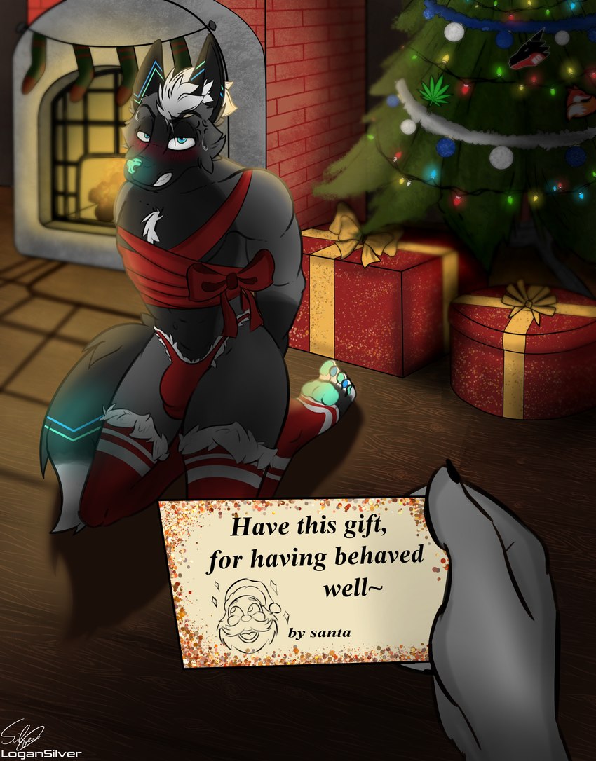 ambiguous_gender ambiguous_pov anthro arms_tied bioluminescence biped black_body black_fur bottomwear bound bulge chest_tuft christmas_clothing christmas_decorations christmas_lights christmas_tree clothed clothing detailed_bulge duo embarrassed feet fire fireplace first_person_view fluffy fluffy_tail fur glowing grey_body grey_fur grin hair hands_tied hands_tied_behind_back holidays humanoid_feet inside kneeling kneeling_on_ground kneeling_position legwear looing_at_viewer male male_anthro male_focus plant plantigrade red_clothing ribbons smile solo_focus tail text thigh_highs tree tuft underwear underwear_only white_hair logan_silver christmas canid canine fox mammal red_fox silver_fox true_fox english_text hi_res