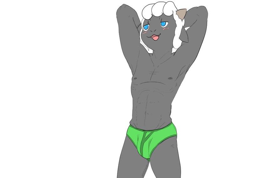 abs anthro blush bulge clothed clothing hands_behind_head horn male navel nipples open_mouth partially_clothed pose solo underwear twerpishimp baable bovid caprine mammal sheep hi_res