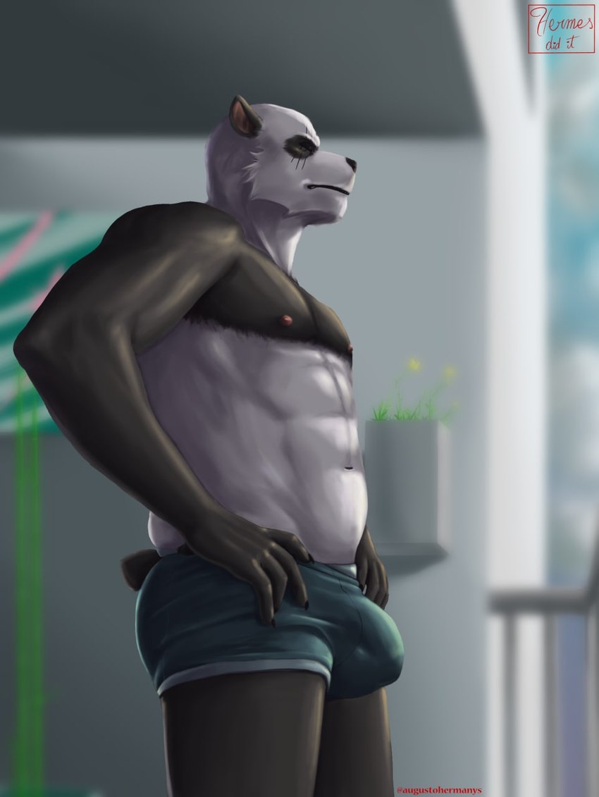 anthro biped blurred_background bulge clothing detailed_bulge hands_on_hips looking_away male muscular muscular_anthro muscular_male nipples solo standing underwear hermesdidit beastars gouhin_(beastars) bear giant_panda mammal hi_res