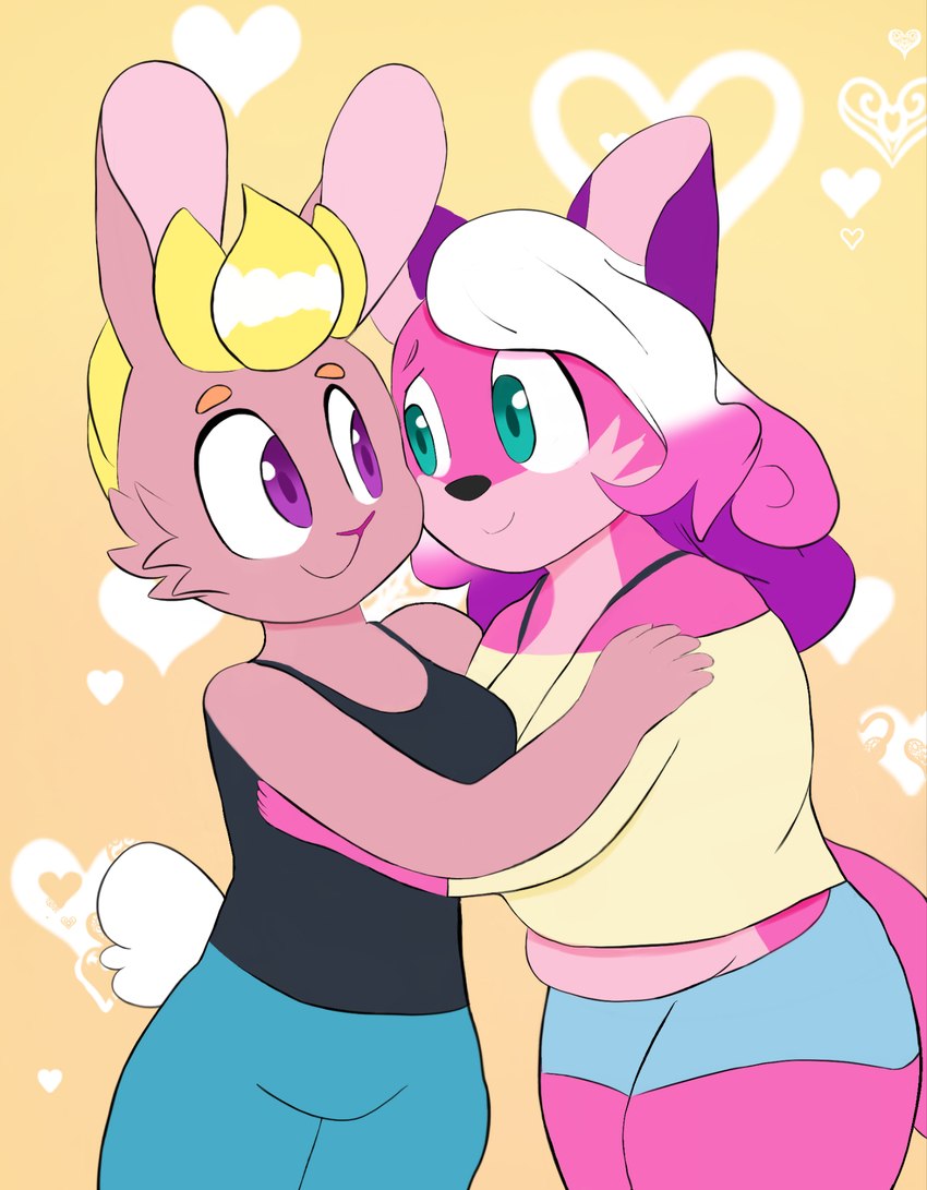 anthro canon_couple duo female female/female green_eyes happy heart_background hug purple_eyes simple_background meblivemi super_lesbian_animal_rpg allison_goleta melody_amaranth canid canine fox lagomorph leporid mammal rabbit 2024 hi_res trans_(lore) trans_woman_(lore)