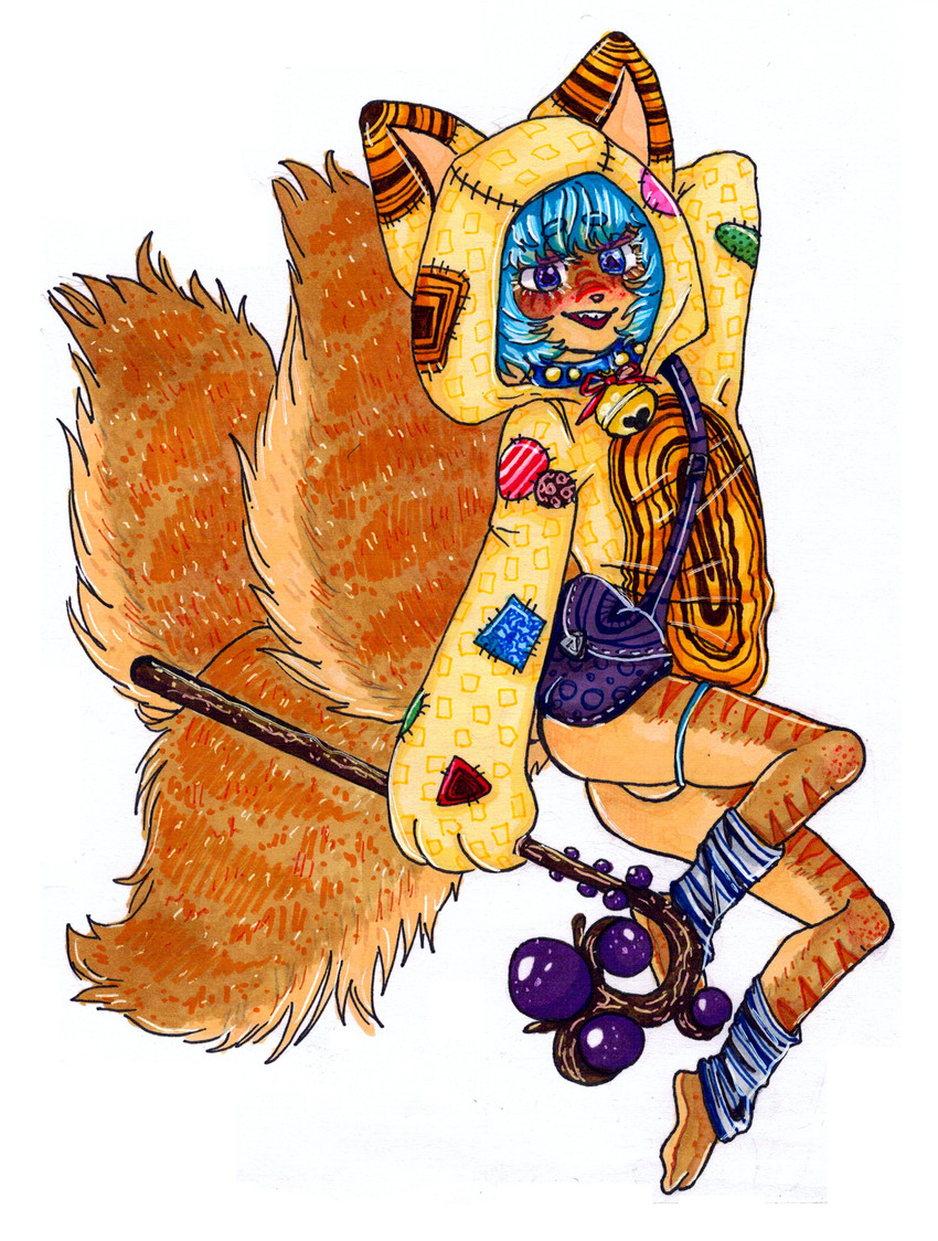 2_toes 3_tails anthro bag bandage bandaged_leg bell biped black_nose blue_collar blue_eyes blue_hair brown_body brown_fur butt clothed clothing collar eyebrows eyeshadow fangs feet femboy fluffy fluffy_tail footwear freckles fur hair holding_object hoodie makeup male multi_tail open_mouth patch_(fabric) purple_eyeshadow sharp_teeth short_hair shoulder_bag solo staff striped_body striped_fur stripes tail teeth toes topwear iijackie3678ii canid canine fox mammal absurd_res colored detailed hi_res traditional_media_(artwork)