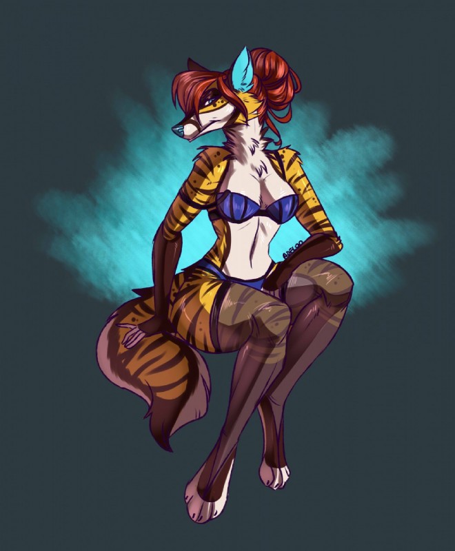 anthro bra clothing female fur hair legwear looking_at_viewer solo stockings thick_thighs underwear wide_hips adeloo canid canine fox mammal hi_res