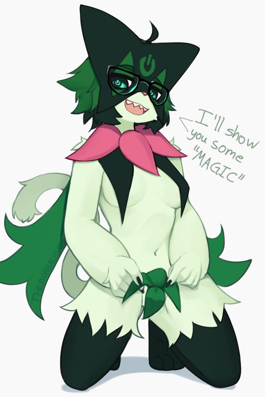 4_toes 5_fingers ahoge alternate_species anthro breasts claws covering covering_crotch dialogue eyewear feet female female_anthro finger_claws fingers fur glasses green_body green_fur green_hair hair kemono kneeling looking_at_viewer nipple_outline nude open_mouth paws pink_nose power_symbol pupils sharp_teeth simple_background solo tail talking_to_viewer teeth text toes unusual_pupils wearing_glasses white_background yoako nintendo pokemon aeiou_(yoako) felid feline generation_9_pokemon mammal meowscarada pokemon_(species) 2022 digital_media_(artwork) english_text hi_res