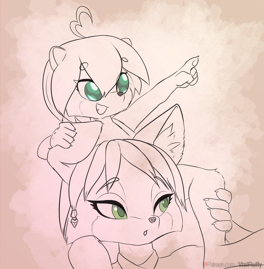 ahoge anthro carrying_another eyebrow_through_hair eyebrows female gesture grabbing_ear green_eyes hair hand_gesture on_shoulders pointing size_difference text translucent translucent_hair v-tal nintendo star_fox krysi krystal_(star_fox) canid canine fox mammal 2023 hi_res url