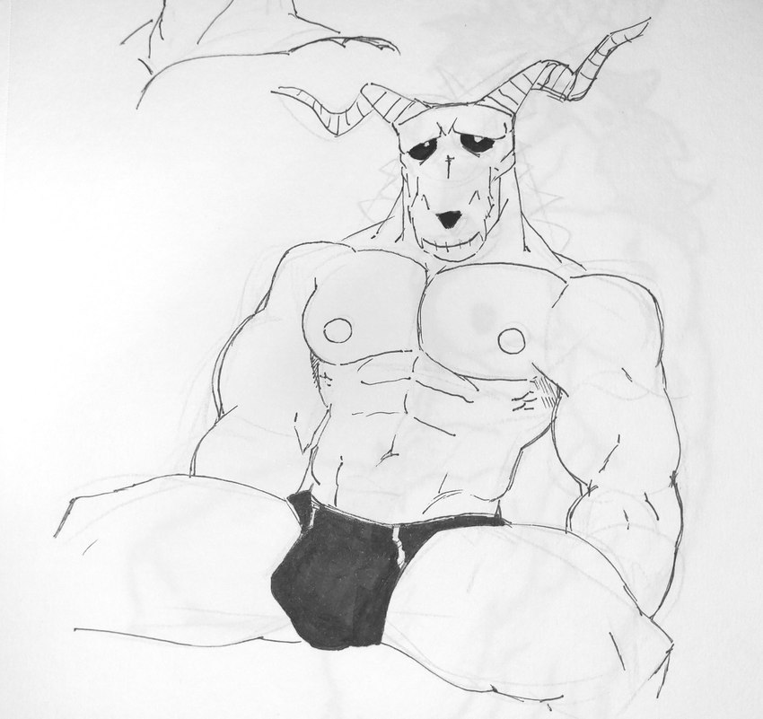 2_horns abs anthro biceps biped black_clothing black_jockstrap black_sclera black_underwear bone bulge clothed clothing curved_horn detailed_bulge horn jockstrap jockstrap_only looking_at_viewer male muscular muscular_anthro muscular_male nipple_outline pecs sitting skull skull_head solo topless underwear underwear_only genericboxhead the_ancient_magus_bride elias_ainsworth deer mammal 2024 hi_res monochrome sketch