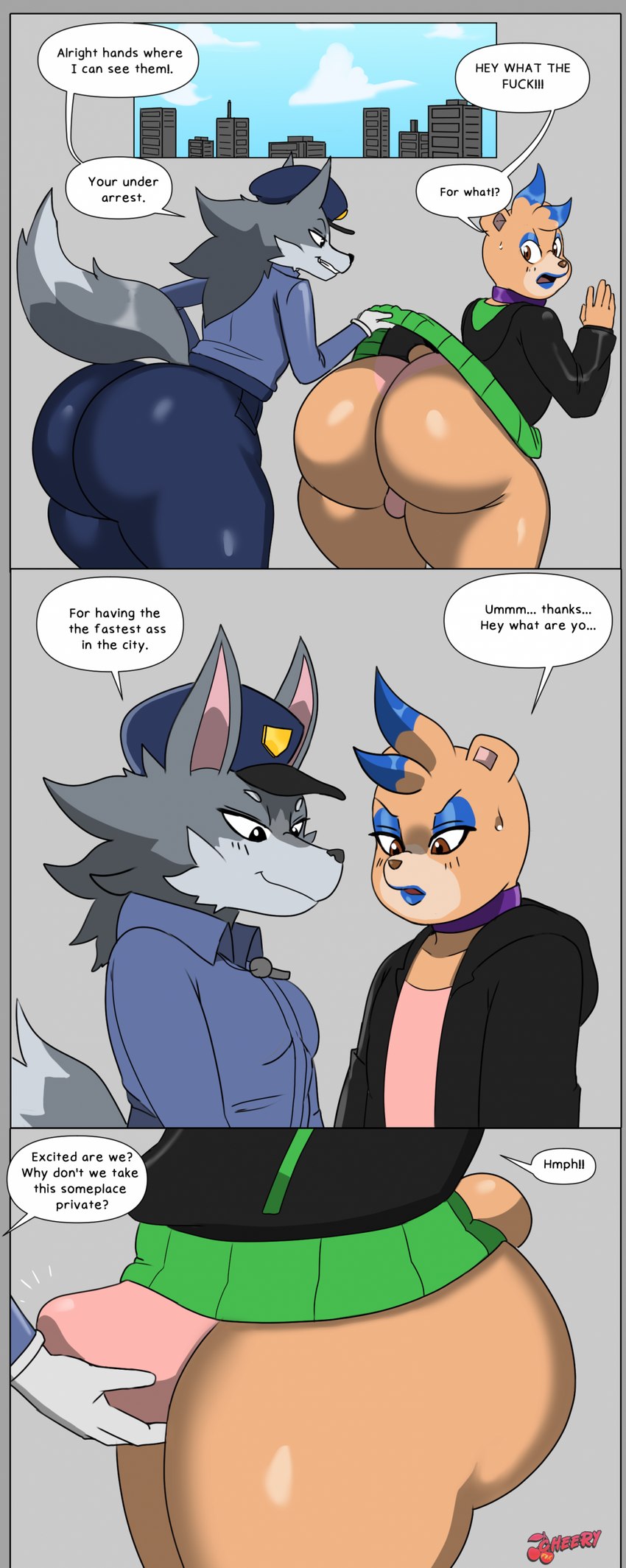 anthro anthro_on_anthro big_butt blue_lipstick butt clothed clothing crossdressing dialogue duo femboy huge_butt lipstick makeup male male/male profanity text thick_thighs cherryfox73 milo_(cherryfox73) bear canid canine canis mammal wolf 2023 absurd_res colored comic english_text hi_res