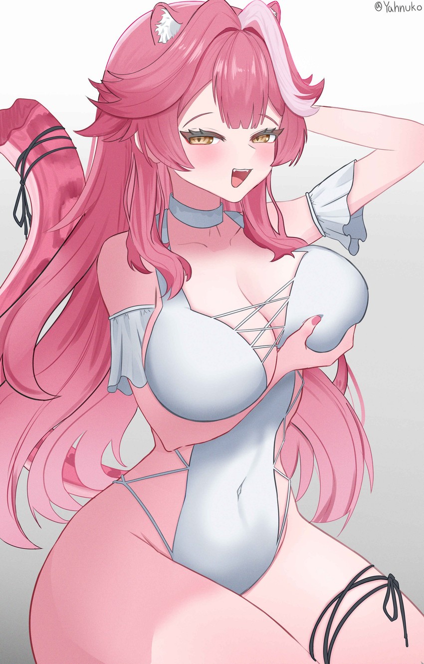 belly breast_grab breasts clothing collar female grabbing_own_breast hair hand_on_breast navel_outline pink_hair pink_tail solo swimwear tail text white_clothing white_collar white_swimwear yellow_eyes yahnuko hololive hololive_en vtuber raora_panthera humanoid panthera absurd_res artist_name hi_res