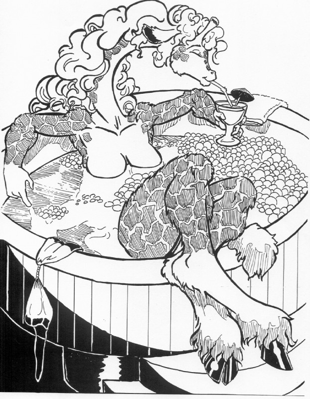 alcohol anthro beverage bikini bikini_top blonde_hair breasts bubble clothing cocktail curled_hair eyes_closed female fetlocks fur hair hooves horn hot_tub long_neck martini ossicone pose smile solo swimwear tail tail_tuft towel tuft two-piece_swimsuit water oscar_marcus giraffe giraffid mammal 1995 greyscale monochrome pinup