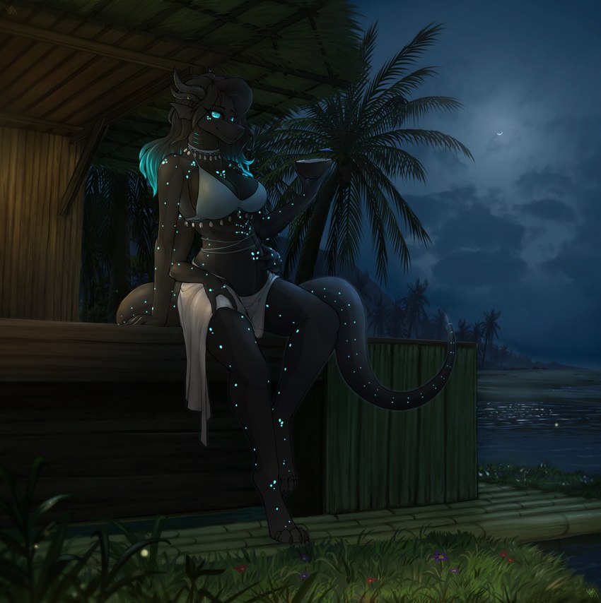 4_arms anthro beverage bikini bikini_top bioluminescence black_body blue_body blue_eyes bottomwear clothing coconut coconut_drink detailed_background drupe_(fruit) female food fruit glowing glowing_markings grass holding_beverage holding_coconut holding_object horn leaning leaning_backward markings multi_arm multi_limb night palm_tree plant sitting sky solo spots spotted_body swimwear tree two-piece_swimsuit water allsonwa mythology dragon mythological_creature mythological_scalie scalie hi_res