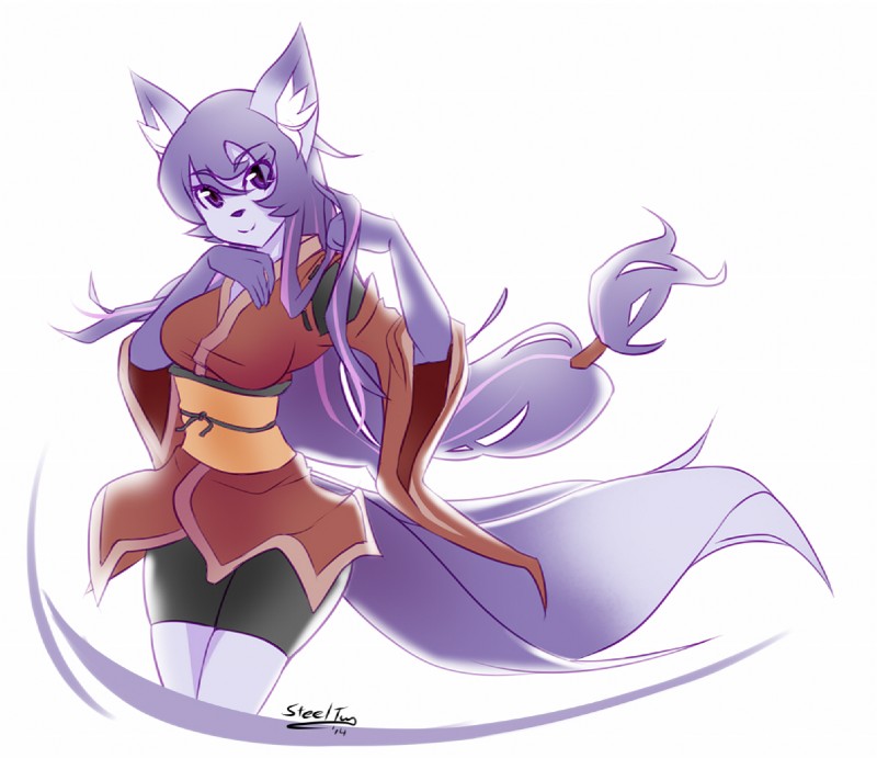 anthro asian_clothing clothing east_asian_clothing female fur hair japanese_clothing kimono long_hair looking_at_viewer multicolored_hair purple_body purple_eyes purple_fur simple_background smile solo white_background white_body white_fur wide_hips steel_tigerwolf ayumi_(whitephox) canid canine fox mammal 2014