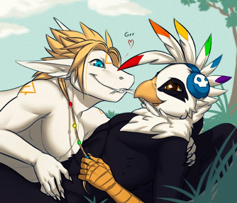 anthro beach beak blonde_hair blue_eyes braided_hair duo feathers hair heart_symbol male outside seaside smile wings cerezo mythology siegfried skoop avian gryphon mythological_avian mythological_creature