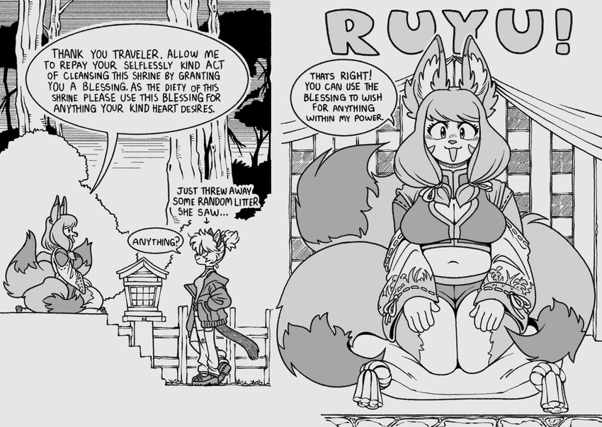 anthro blush cleavage_cutout cutout dialogue duo female kneeling shinto_shrine shrine_maiden text emmacat64 kitkat_(emmacat64) domestic_cat felid feline felis fox_spirit mammal 2024 comic english_text greyscale monochrome