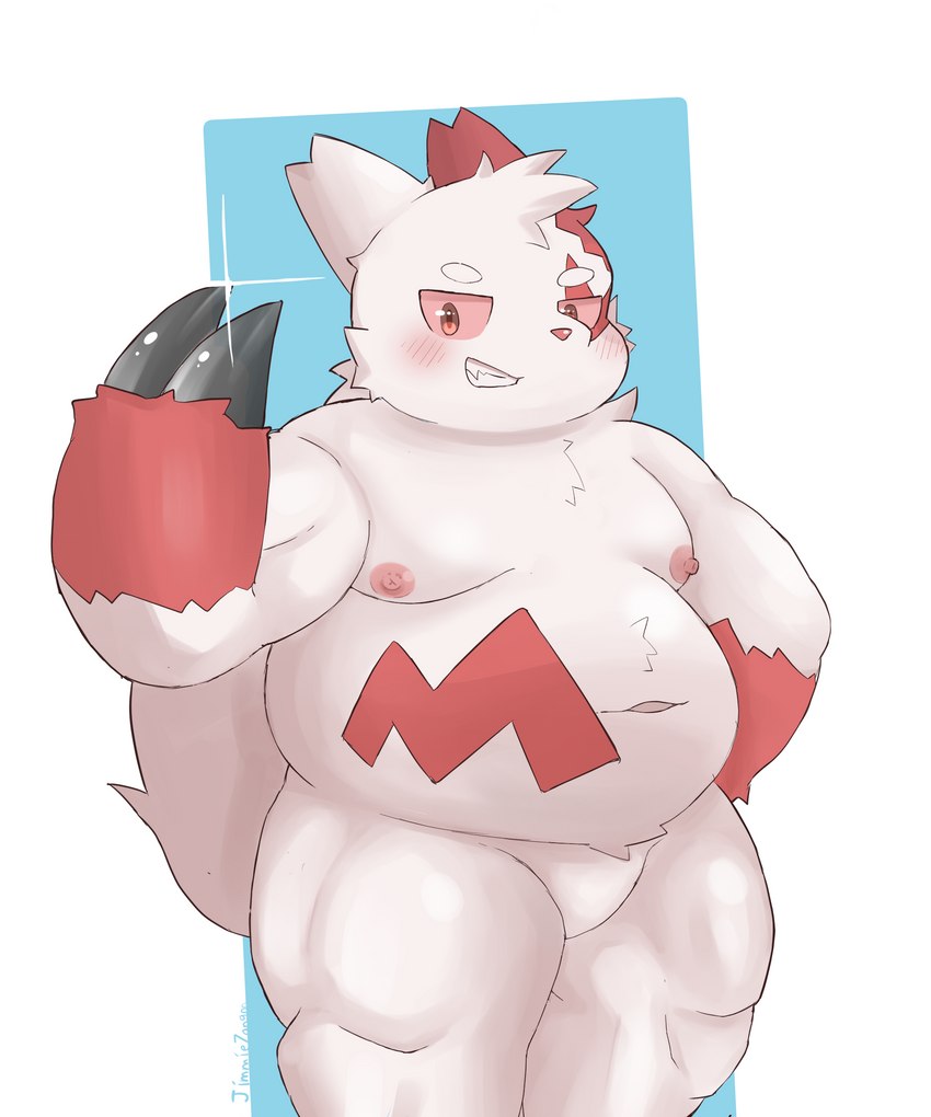 anthro areola belly big_belly biped blush claws male musclegut muscular muscular_anthro muscular_male muscular_thighs navel nipples nude simple_background smile solo thick_thighs jimmiezangoo nintendo pokemon generation_3_pokemon pokemon_(species) zangoose 2022 5:6 absurd_res digital_media_(artwork) hi_res