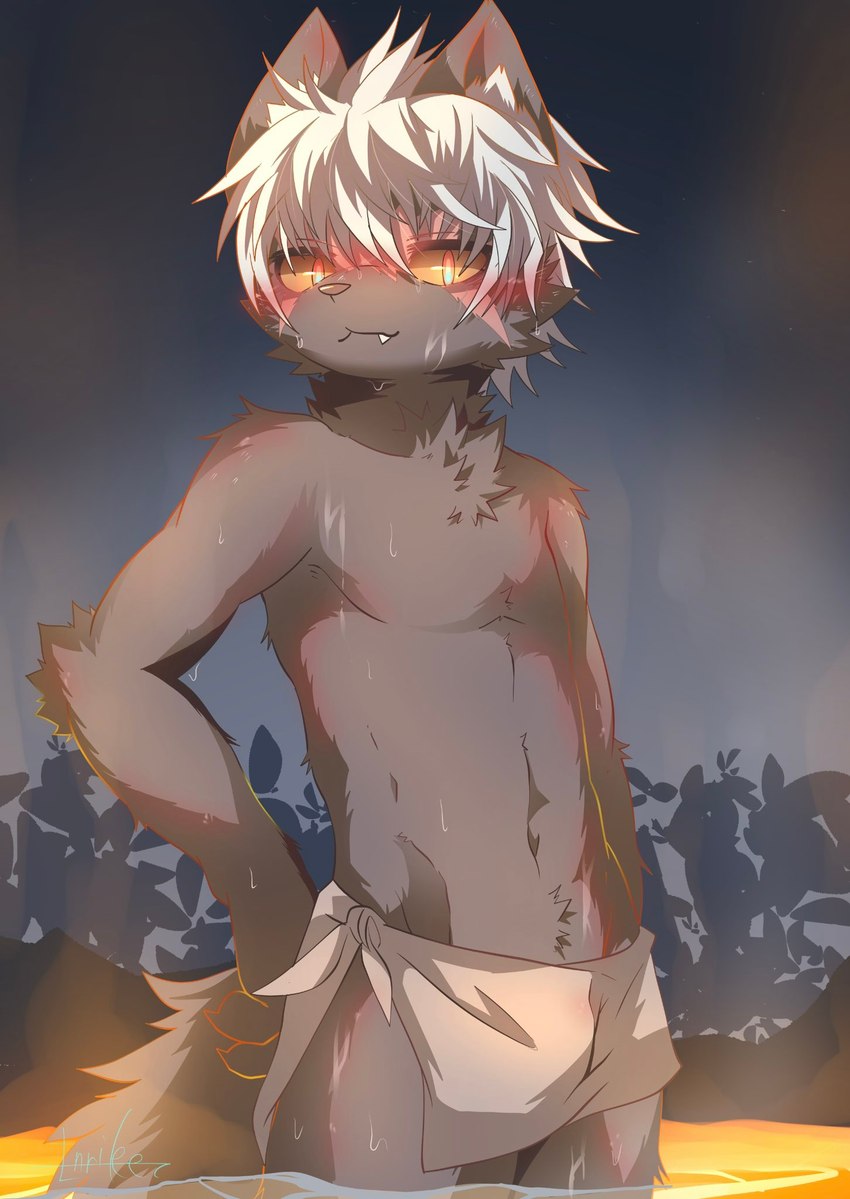 aged_down anthro arm_tuft black_body black_fur black_nose blush bodily_fluids cheek_tuft chest_tuft clothed clothing cute_fangs elbow_tuft facial_markings facial_tuft fangs front_view fur hair hand_on_hip head_markings hot_spring inner_ear_fluff kemono looking_at_viewer male markings mouth_closed neck_tuft orange_sclera pose red_eyes red_markings shota shoulder_tuft slim smile solo standing steam sweat sweaty_arms sweaty_face sweaty_legs sweaty_thighs tail teeth topless towel towel_around_waist towel_only tuft water white_hair young young_anthro young_male meowolf222 lifewonders tokyo_afterschool_summoners tadatomo_(tas) canid canine canis domestic_dog mammal 2023 digital_drawing_(artwork) digital_media_(artwork) hi_res portrait signature three-quarter_portrait