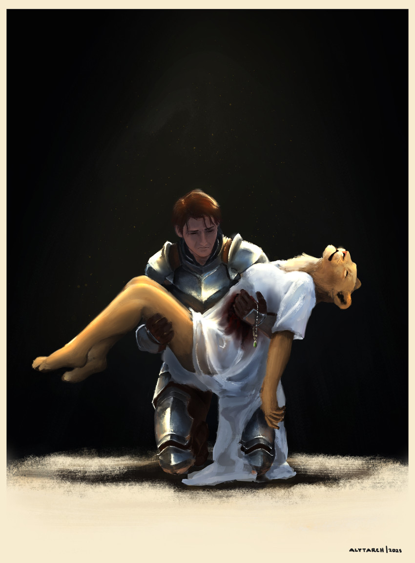 anthro armor blood bodily_fluids breasts carrying_another carrying_partner clothed clothing death dramatic_lighting dramatic_pose dress duo female fur holding_another jewelry male necklace open_mouth sad simple_background topwear white_body white_fur alytarch bethesda_game_studios microsoft the_elder_scrolls felid human khajiit lion mammal pantherine 2025 absurd_res digital_drawing_(artwork) digital_media_(artwork) digital_painting_(artwork) hi_res painting_(artwork)