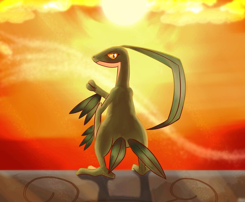 anthro detailed_background green_body leaf leaf_tail looking_at_viewer looking_back looking_back_at_viewer male multicolored_body rear_view red_body semi-anthro solo sunset tail two_tone_body zaahrich nintendo pokemon pokemon_mystery_dungeon spike_chunsoft grovyle_the_thief generation_3_pokemon grovyle pokemon_(species) digital_media_(artwork) hi_res