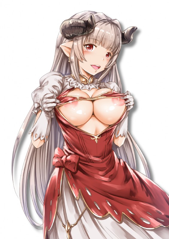 armwear big_breasts breast_squish breasts clothed clothing elbow_gloves female gloves grey_hair hair handwear horn humanoid_pointy_ears nipples not_furry open_mouth pale_skin pointy_ears pose red_eyes smile solo squish ganariryu1 cygames granblue_fantasy aliza_(granblue) draph horned_humanoid humanoid hi_res