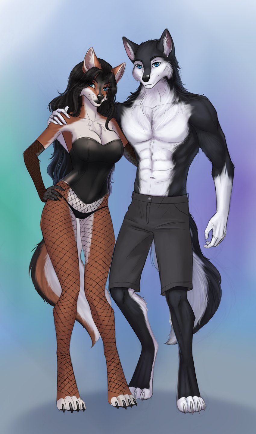 anthro bottomwear clothed clothing corset female fishnet_clothing fishnet_legwear legwear lingerie male male/female shorts solo topless topwear elvofirida canid canine canis mammal wolf absurd_res hi_res