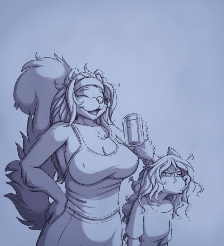 accessory alcohol annoyed anthro beer beer_mug beverage big_breasts breast_envy breasts cleavage clothed clothing duo envy erect_nipples eyes_closed female fluffy fluffy_tail hair hair_accessory hairband jealous long_hair nipples no_bra open_mouth simple_background small_breasts tail conditional_dnp jay_naylor alicia_(jay_naylor) francine_(jay_naylor) canid canine felid fox mammal pantherine snow_leopard 2024 black_and_blue greyscale hi_res monochrome sketch