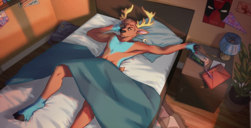 alarm_clock anthro antlers bag bed bedding bedroom blanket carpet clock drawer furniture horn inside lamp male paper pen pillow plant poster solo waking_up kirkir marvel deadpool deer mammal 2021 digital_drawing_(artwork) digital_media_(artwork) hi_res signature