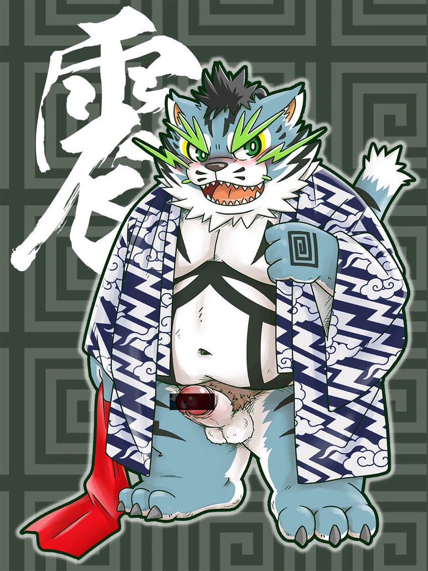 anthro asian_clothing balls belly blue_body blue_fur blush clothing east_asian_clothing erection fundoshi fur genitals humanoid_genitalia humanoid_hands humanoid_penis japanese_clothing kemono male moobs navel overweight overweight_anthro overweight_male penis robe solo text underwear white_body white_fur mind_drive mizuse_higomaru sengoku_puzzle raiden_shin'emon felid mammal pantherine tiger 2020 3:4 hi_res