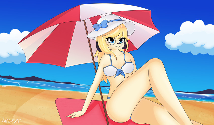 anthro beach blonde_hair blue_eyes clothing eyewear female glasses hair hat headgear headwear seaside solo swimwear two-piece_swimsuit umbrella cherrybxnnie lumi canid canine canis domestic_dog mammal absurd_res hi_res