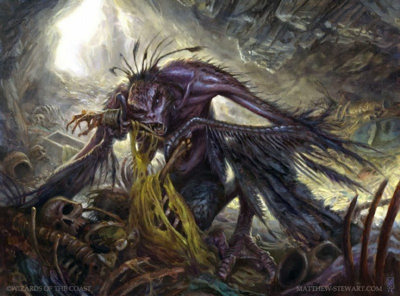 armor bone cave corpse death detailed_background feathered_wings feathers feet female not_furry nude rot sharp_teeth solo talons teeth toes winged_arms wings matt_stewart european_mythology greek_mythology hasbro magic:_the_gathering mythology wizards_of_the_coast avian harpy hybrid mythological_avian mythological_creature official_art