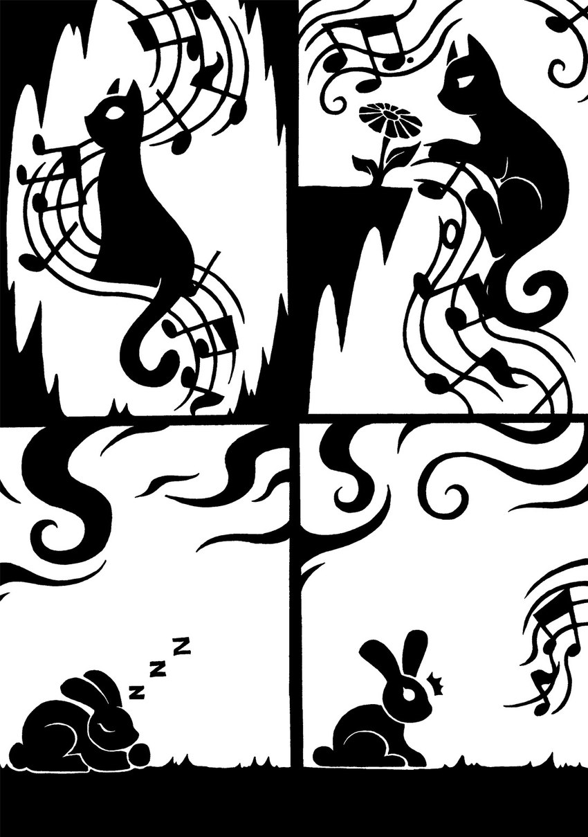 4_panel_comic cat_tail cliff cotton_tail duo emanata empty_eyes eyes_closed female feral flash_emanata flower grass lying male musical_note musical_symbol on_front plant pointy_ears prick_ears quadruped rabbit_ears short_tail side_view silhouette simple_background singing sitting sleeping sound_effects symbol tail vines vowelless vowelless_sound_effect waking_up white_background zzz sunnyclockwork pitch_haven scp_foundation sarah_crowley stuart_hayward domestic_cat felid feline felis lagomorph leporid mammal rabbit 2014 black_and_white comic digital_drawing_(artwork) digital_media_(artwork) full-length_portrait hi_res monochrome portrait