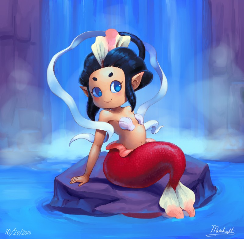 5_fingers black_hair blue_eyes blush bra breasts clothing female fin fingers hair humanoid_pointy_ears monster_girl_(genre) noseless pointy_ears rock seashell_bra sitting smile solo split_form underwear water waterfall mataknight outta_sync asian_mythology east_asian_mythology japanese_mythology level-5 mythology yo-kai_watch mermaidyn humanoid marine merfolk yokai 2016 hi_res signature